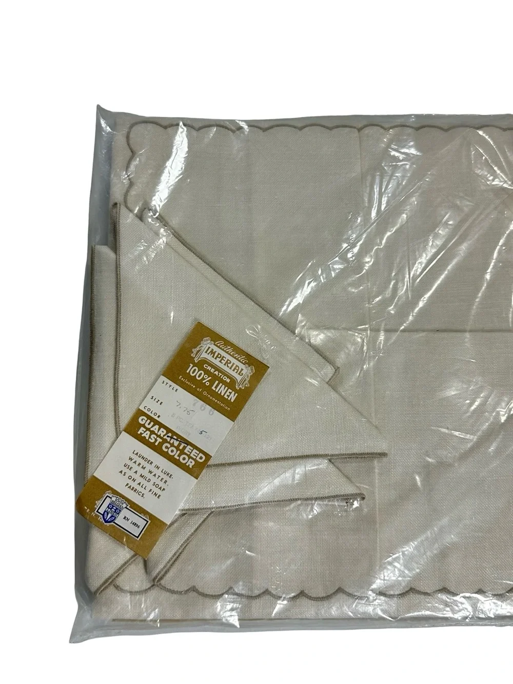 Vtg 50s Imperial 100% Belgian Linen Tablecloth 4 Napkins Tea Set Ivory 42x42 NIP